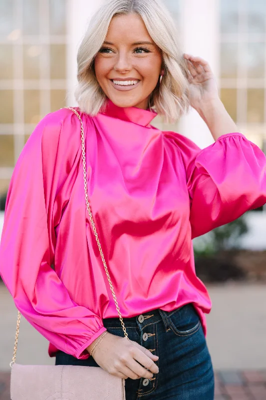 Embrace The Joy Fuchsia Pink Satin Blouse Monochromatic All - in - one