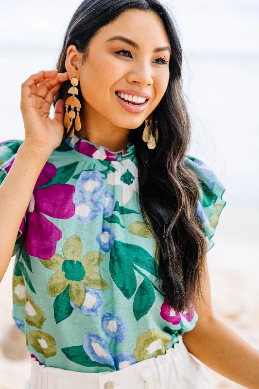 A True Beauty Sage Green Floral Blouse Sporty Women's Athleisure 