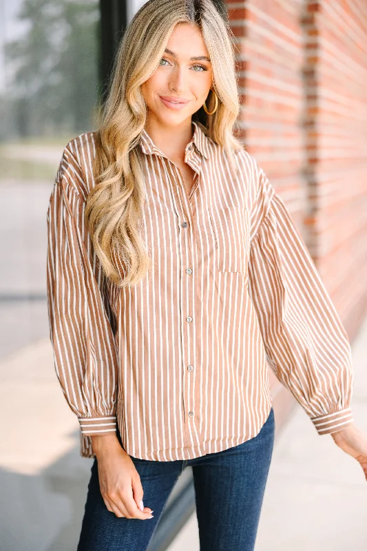 Olivaceous: Everything You Need Brown Striped Button Down Top Compression