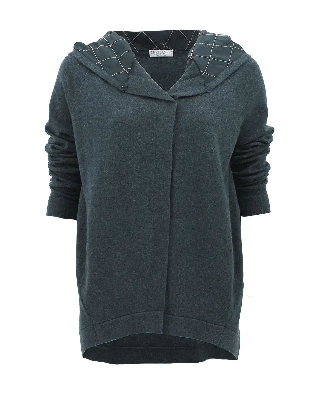 Long Sleeve Asymmetrical Cardigan with Hoodie Sleek Women's Metallic
