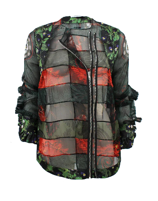 Long Sleeve Sheer Print Asymmetrical Zip Blouse Laid - back Women's Style