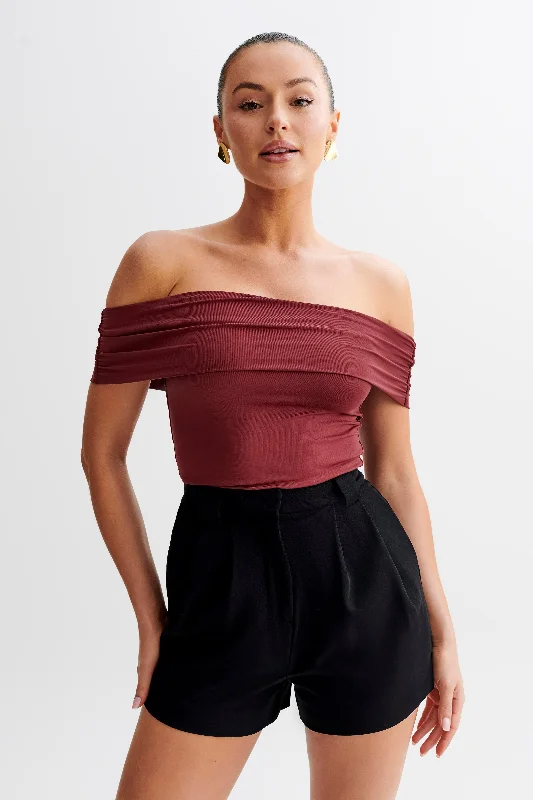 Meena Recycled Nylon Off Shoulder Top - Wine Youthful Women's Pop