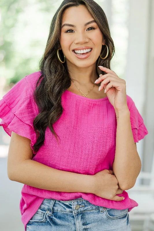 It's All True Fuchsia Pink Ruffled Gauze Top Relaxed Women's 