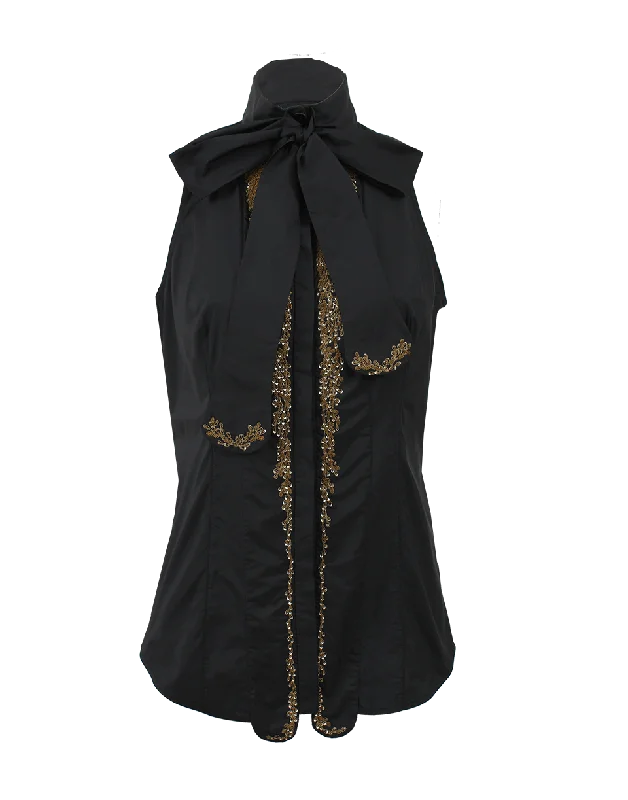 Tie Neck Embroidered Blouse Stylish Women's Tropical 