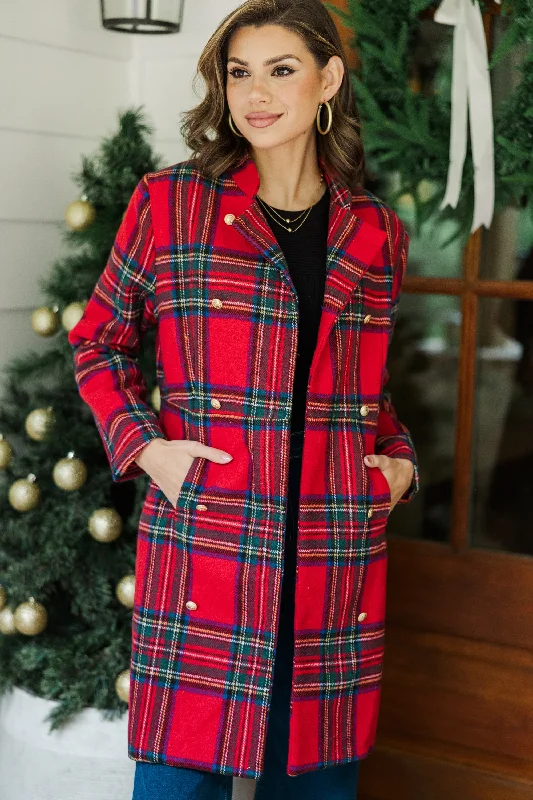 City Streets Red Plaid Coat Refined Women's Velvet