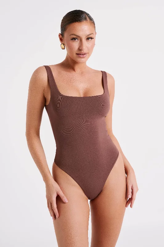 Charlie Recycled Nylon Scoop Neck Bodysuit - Mocha Feminine Women's Style 