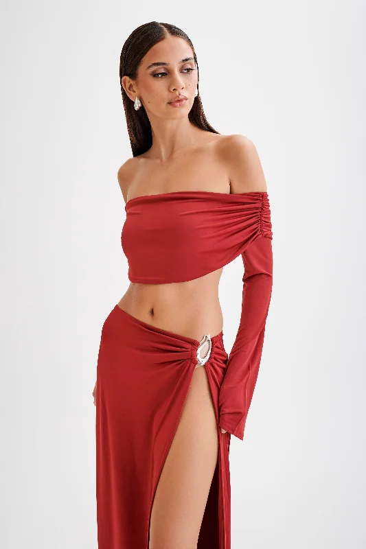 Camryn Slinky Off Shoulder Crop Top - Cherry Red Vacation
