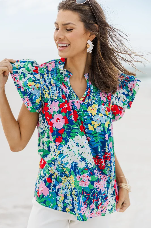 Live Out Loud Navy Blue Floral Blouse Laid - back Women's Vibe