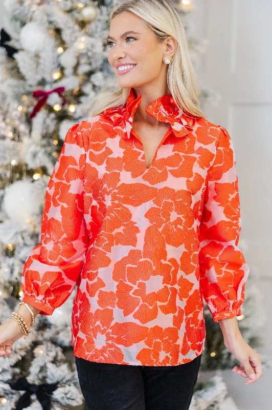 Travel Well Red Floral Brocade Blouse Classic Women's Pin - striped