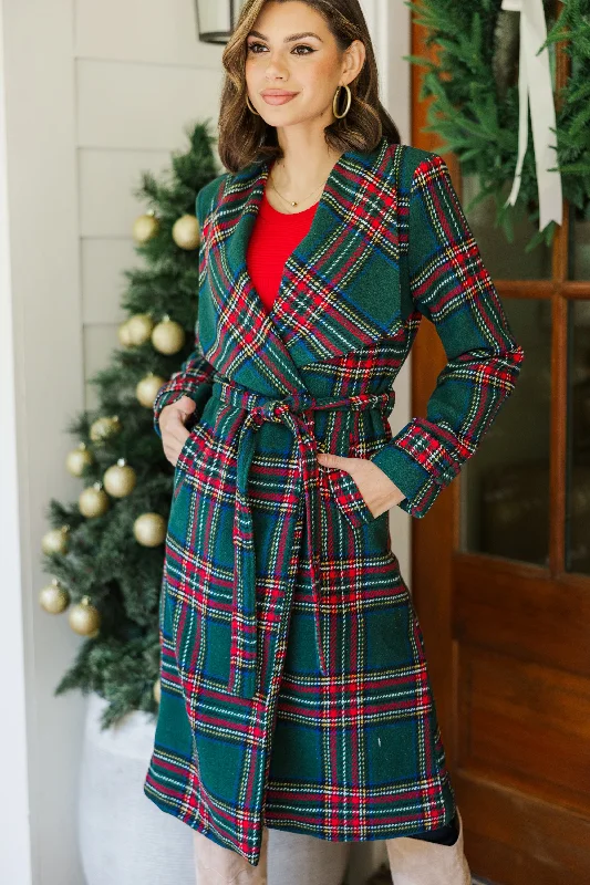 All The Love Green Plaid Coat Artistic Women's Hand - painted
