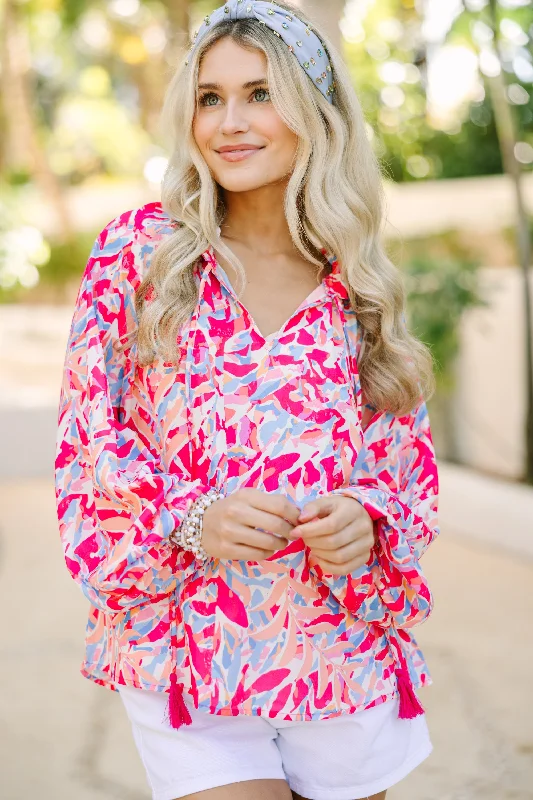 Running To You Fuchsia Pink Abstract Blouse Sophisticated Women's 