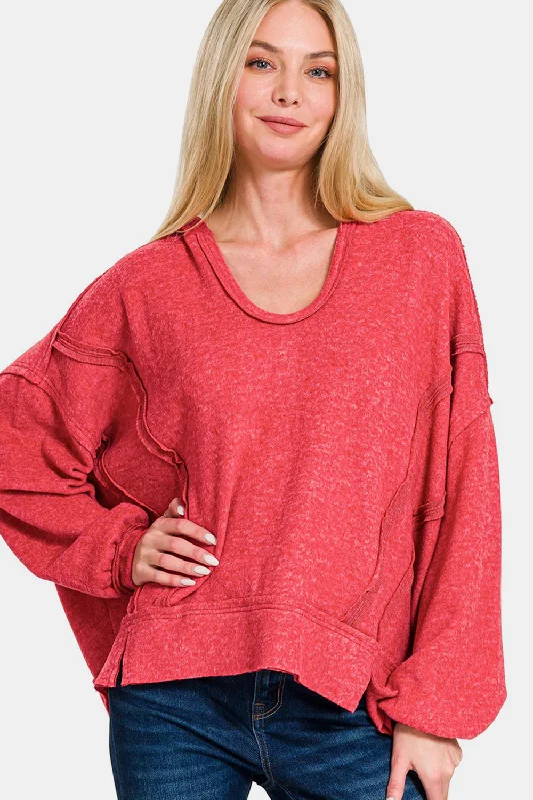 Zenana Brushed Hacci Exposed Seam Hoodie Laid - back Women's Style