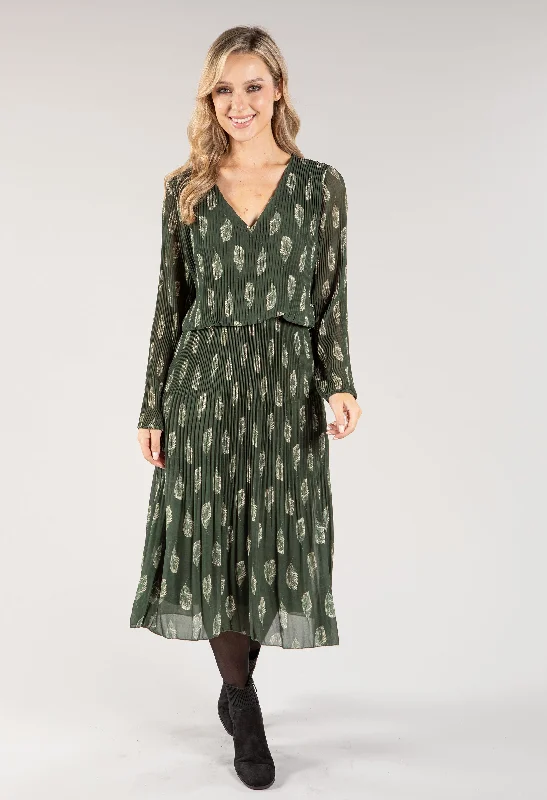Leaf Print Plisse Pleated Dress Refined Women's Hand - crafted