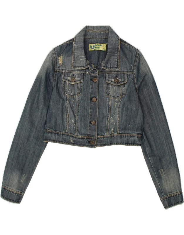 VINTAGE Womens Crop Denim Jacket UK 14 Medium Blue Cotton Feminine Women's Soft 