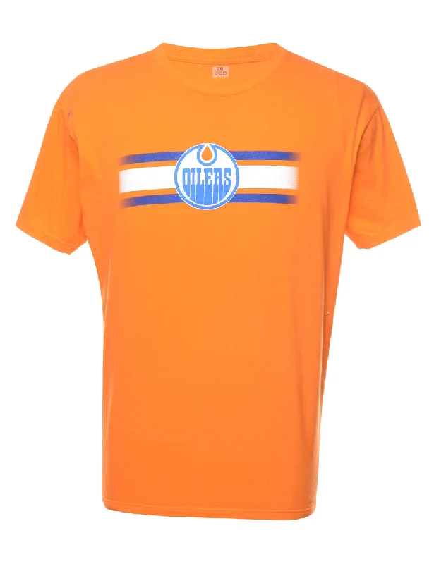 Oilers Orange & Blue Printed T-shirt - L Artistic Women's Hand - painted