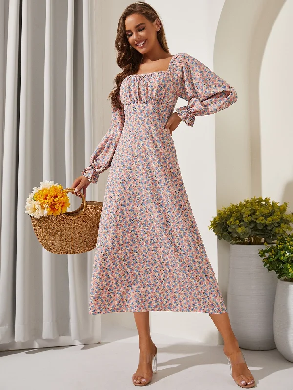 Ditsy Floral Ruched Bust Long Sleeve Square Neck Flared High Waist Long Dress Artistic Women's Hand - painted