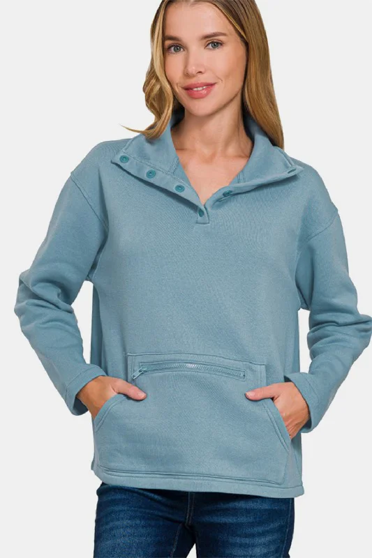Zenana Turtleneck Half Snap Fleece Sweatshirt Australian Beach