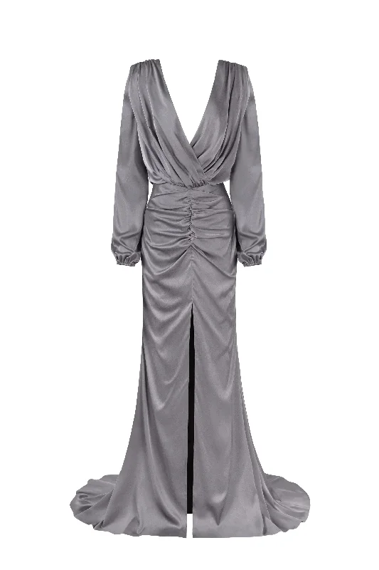 Fancy silver silk maxi evening dress Sophisticated Women's 
