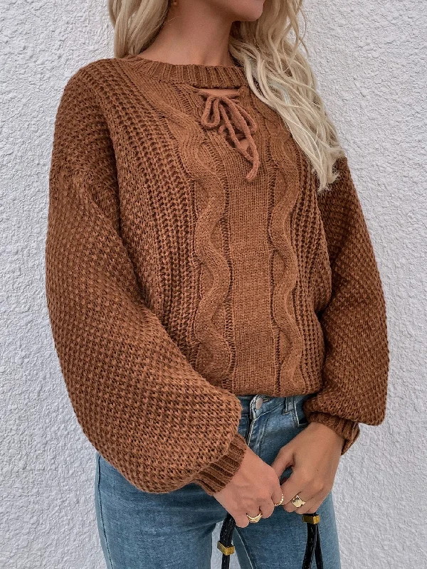 Casual Plain Lace Up Long Sleeve Round Neck Regular Women Sweater Bohemian Women's Free