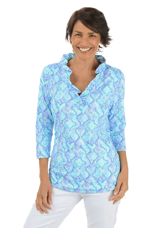 Blue Snake Hearts Ruffle Neck UPF50+ Top Trendy Women's Oversized