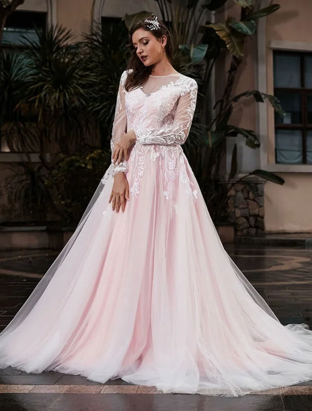 Customize Wedding Dress With Train A-Line Long Sleeves Satin Fabric Jewel Neck Bridal Gowns Sleek Women's 