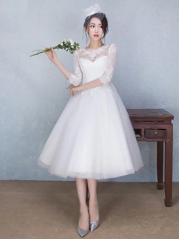 A-Line Wedding Dresses Jewel Neck Tea Length Tulle Sheer Lace 3\4 Length Sleeve Casual See-Through Backless Athletic Women's High - 