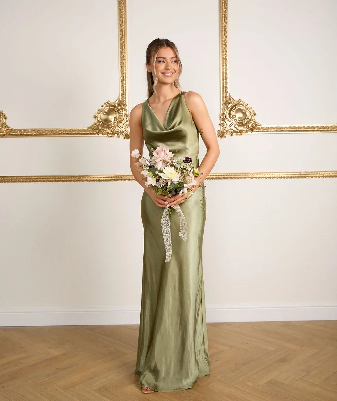 Cowl Front Satin Bridesmaid Dress - Moss Green Australian Beach