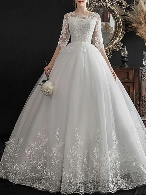 A-Line Wedding Dresses Jewel Neck Sweep \ Brush Train Lace Half Sleeve Glamorous See-Through Illusion Sleeve Hip Women's Urban