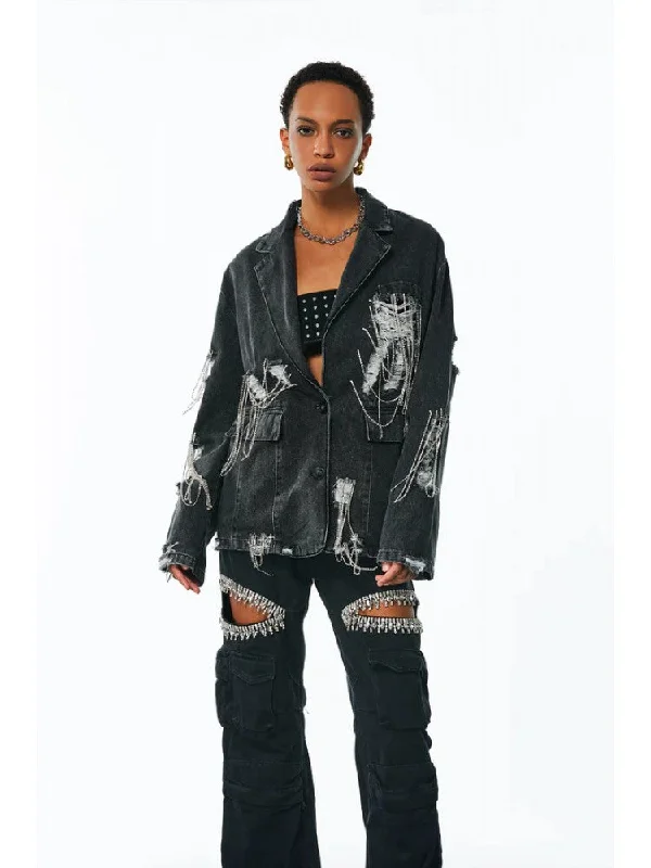 Chain Ripped Denim Lapel Blazer Jackets Modern Women's 