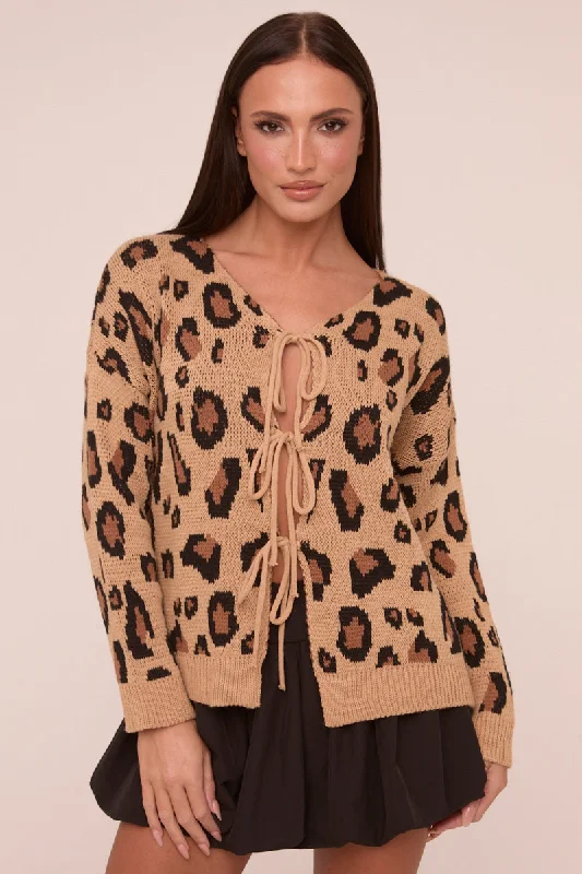 Camel Knit Leopard Print Tie Front Detail Long Sleeves Cardigan - Corey Stylish Women's Neon