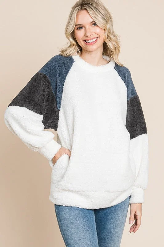 Culture Code Color Block Faux Fur Raglan Sleeve Sweatshirt Preppy Women's College
