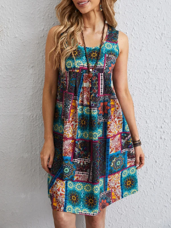 Patchwork Sleeveless Round Neck Straight Natural Short Dress purpose
