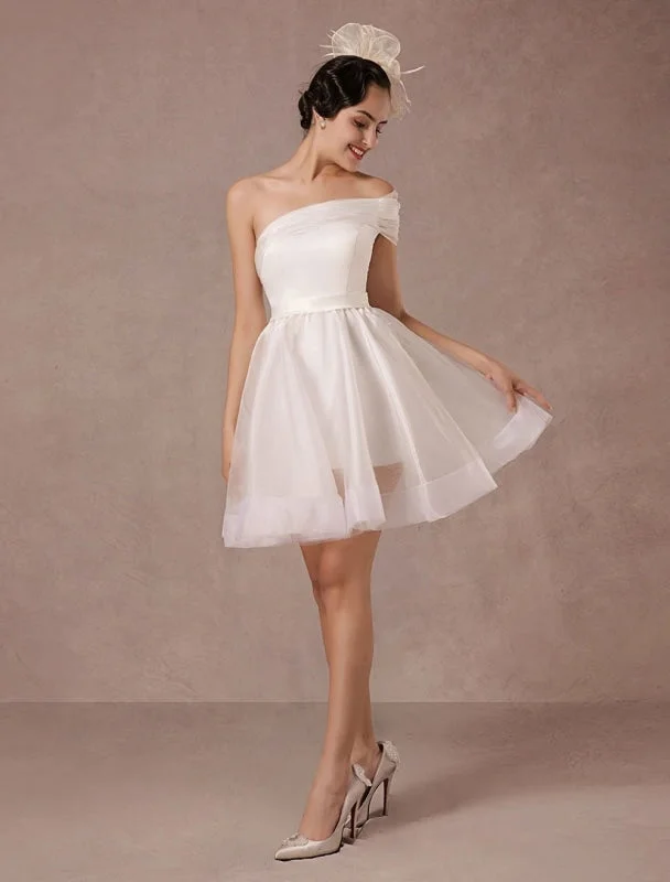 Short Wedding Dress Organza One-Shoulder A-Line Backless Satin Mini Summer Wedding Dresses 2021 Confident Women's Power