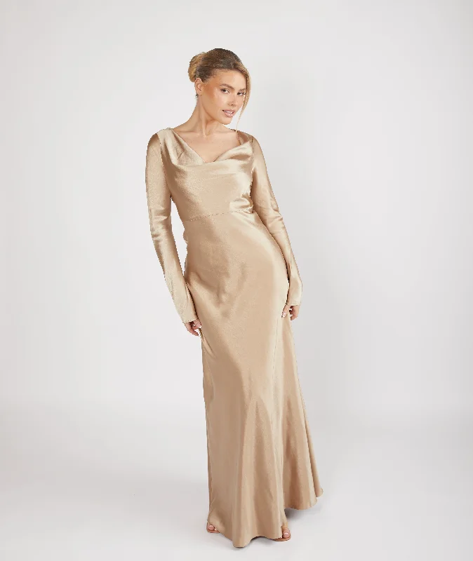 Cowl Front Long Sleeve Satin Bridesmaid Dress - Champagne Cozy Women's Sherpa - lined