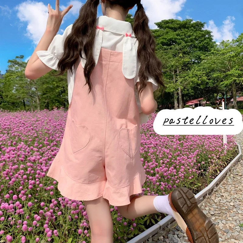 Cute girly white shirt + pink overalls  PL51418 Preppy Women's College