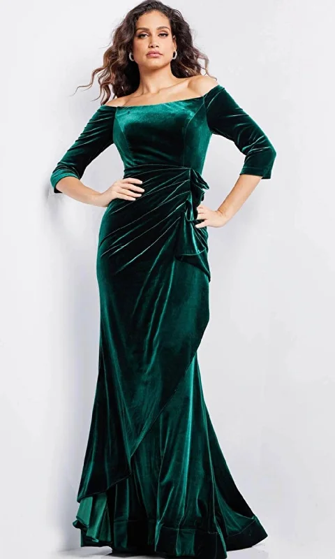 Jovani 36458SC - Quarter Sleeve Ruffled Peplum Evening Gown French