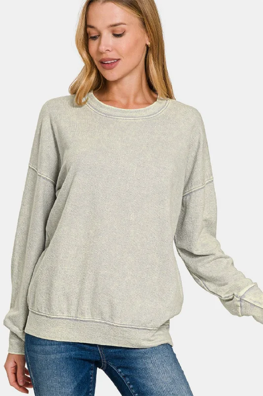 Zenana Washed Round Neck Dropped Shoulder Sweatshirt Traditional Women's Wool