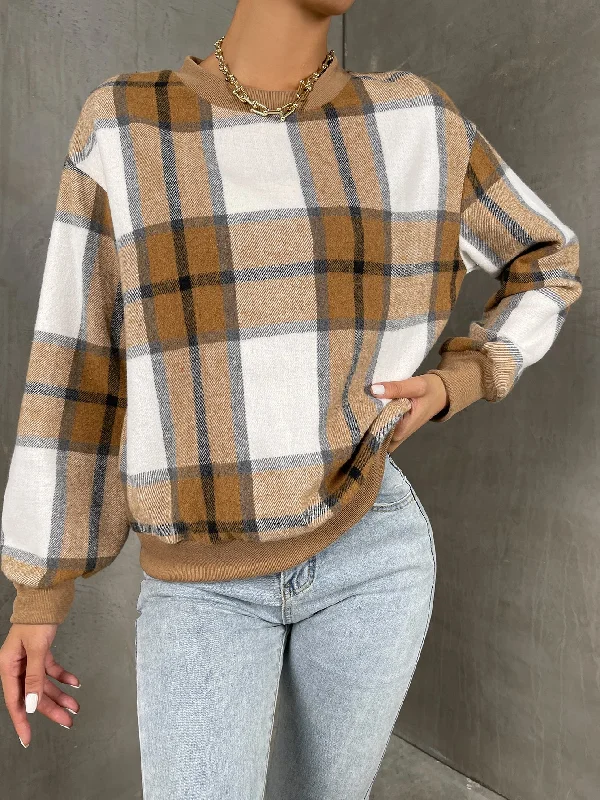 Casual Plaid Long Sleeve Stand Collar Regular Women Sweatshirt Relaxed Women's 