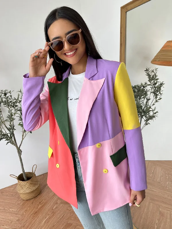 Casual Colorblock Double Button Long Sleeve Lapel Long Women Blazer Hip Women's Urban