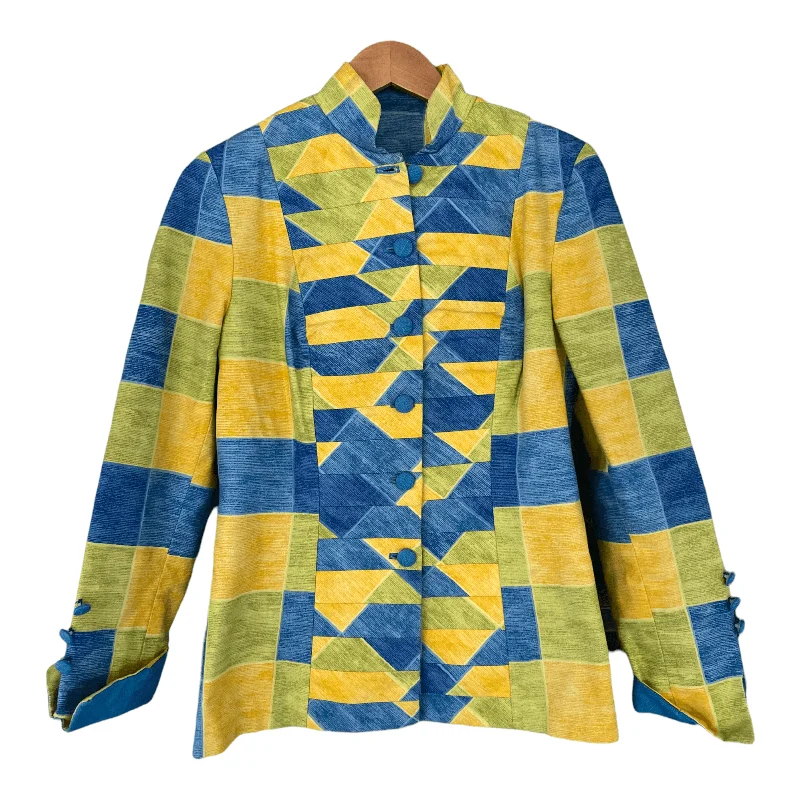 Jenny Edwards Moss Military Style Patchwork Jacket Yellow Green and Blue UK Size 10 Laid - back Women's Vibe