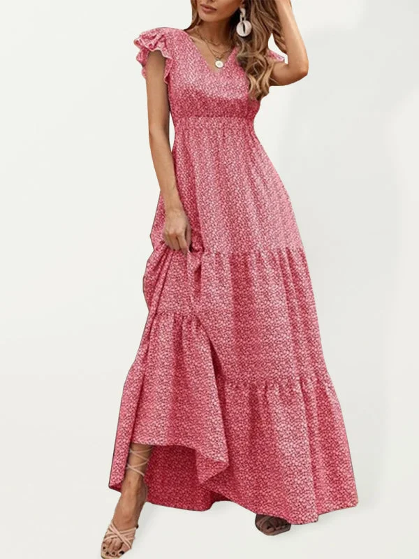BerryBetty - Spring new fashion women's V-neck long skirt waist floral print large swing dress Practical Women's Multi - 