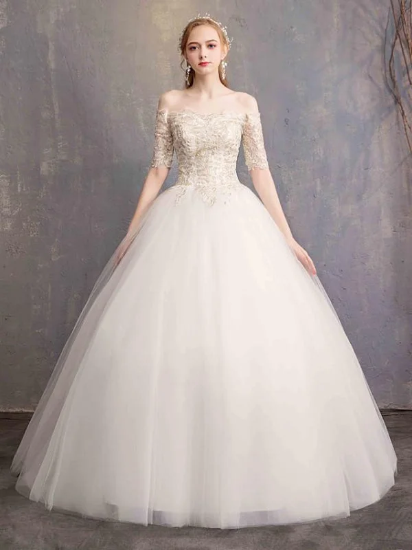 Ball Gown Wedding Dresses Off Shoulder Floor Length Tulle Lace Over Satin Half Sleeve Glamorous Illusion Detail Sustainable Organic