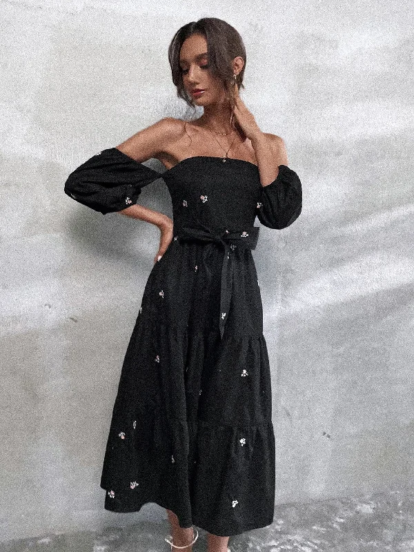 Ditsy Floral Belted Three Quarter Length Sleeve Off The Shoulder Flared High Waist Long Dress Athletic Women's High - 