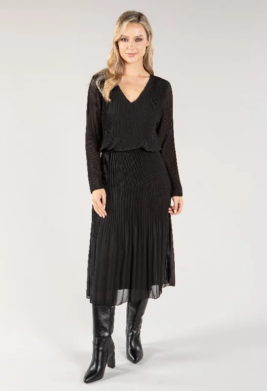 Plisse Pleated Long Sleeve Pop Over Dress Confident Women's High - fashion