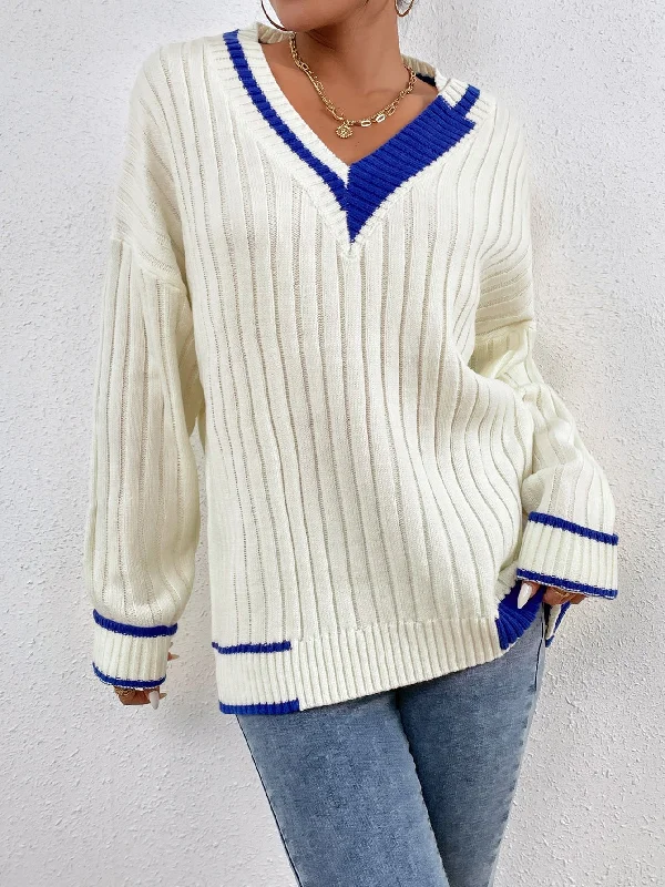 Casual Striped Long Sleeve V Neck Regular Women Sweater Hip Women's Retro