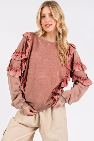 Mittoshop Ruffled Mineral Washed Round Neck Long Sleeve Sweatshirt Refined Women's Classic 