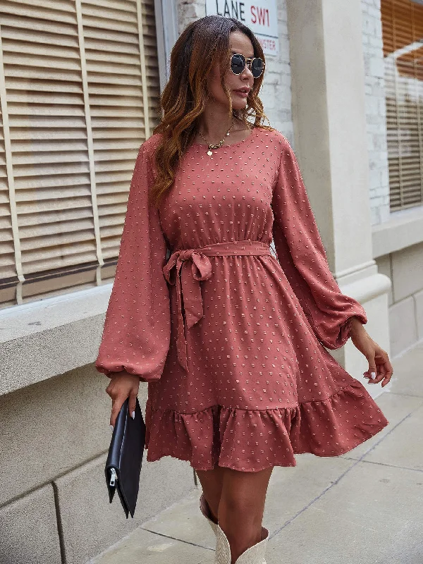 Plain Belted Long Sleeve Round Neck Flounce High Waist Short Dress Stylish Women's Neon