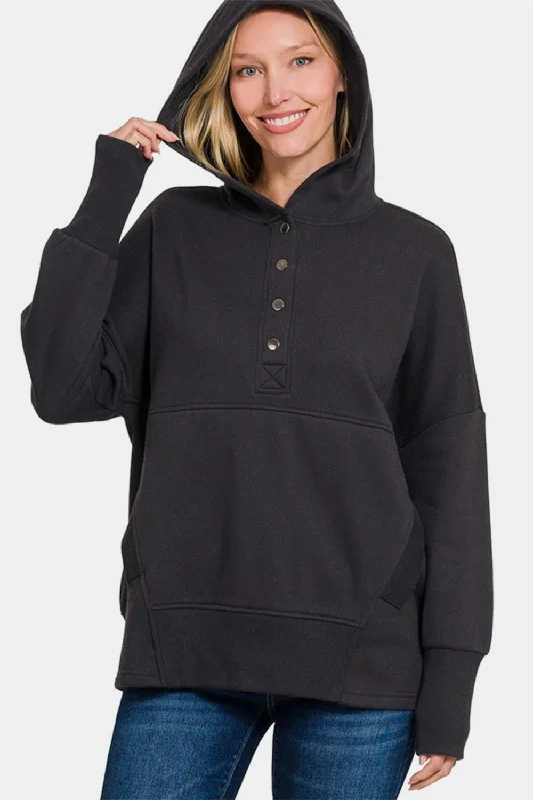 Zenana Half Snap Long Sleeve Hoodie with Kangaroo Pocket Modern Women's Tech