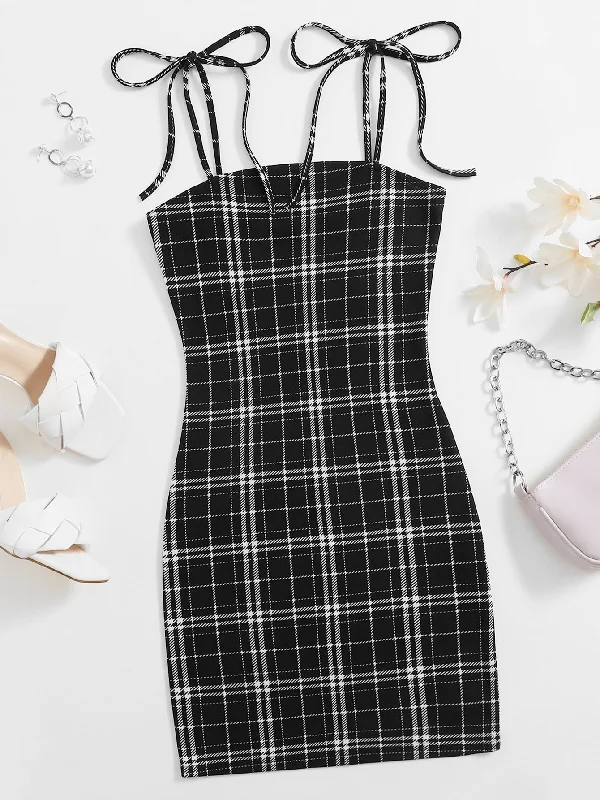Plaid Knot Sleeveless Spaghetti Strap Pencil Natural Short Womens Dress Sleek Women's Metallic