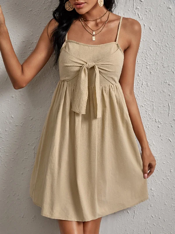 Plain Tie Front Sleeveless Spaghetti Strap Flared High Waist Short Dress Cool Women's Skate